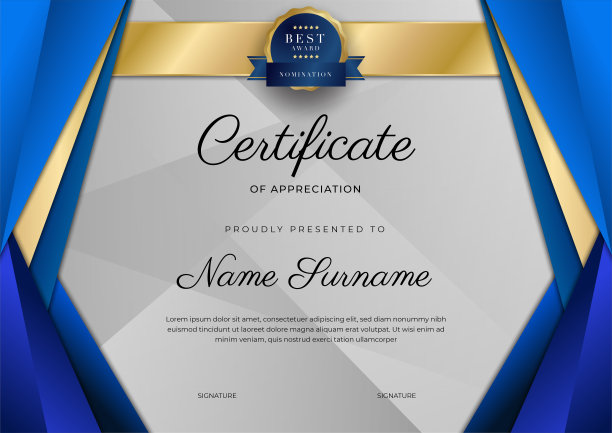 鉴赏证书模板，金色和蓝色。带金章的干净现代证书。证书边框模板具有豪华和现代的线条图案。文凭向量模板图片下载
