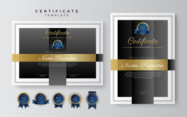 现代黑色和金色的成就证书边界模板与豪华徽章和现代线模式。为了奖励、商业和教育的需要图片下载
