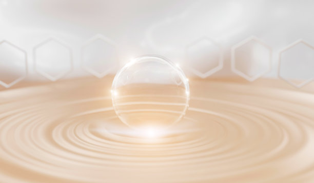 液体泡泡滴在水上。彩妆精华油液，概念护肤彩妆液。图片下载