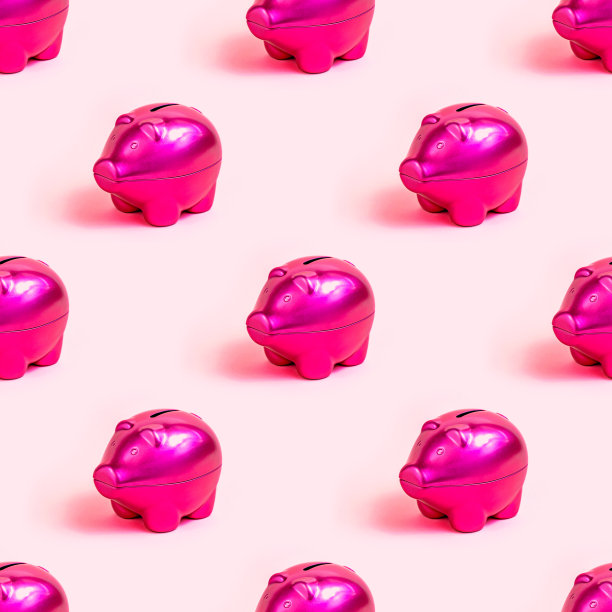 明亮的粉红色存钱罐硬币重复无缝模式上的光玫瑰背景图片下载