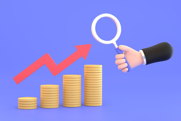 卡通手持放大镜和硬币省钱概念。投资金融业务。图片下载