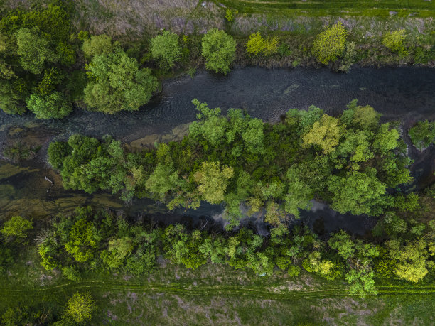 春天的河流鸟瞰图。图片下载