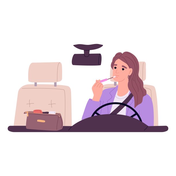 女司机正在涂口红，化妆，看着方向盘后面的后视镜。匆匆的女人和化妆品车内。平面矢量插图孤立在白色背景图片下载