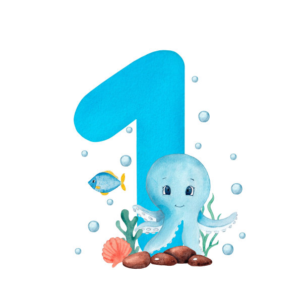 水彩一号，有海洋植物，鱼和章鱼。很适合这个节日，第一个生日。图片下载