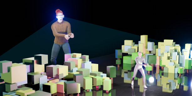 Metaverse Party和在线会议中的虚拟角色，Metaverse世界中的VR眼镜和沙盒3D插图图片下载