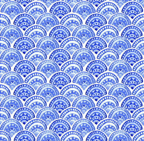 水彩无缝模式。蓝色东方装饰，鱼鳞。摩洛哥瓷砖。真正的手绘图片下载