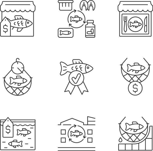 商业渔业线性图标集图片下载