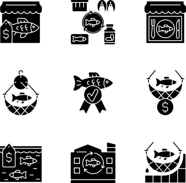 商业渔业黑色字形图标设置在白色图片下载