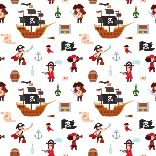 无缝图案或壁纸可爱的孩子海盗，平面矢量插图。图片下载