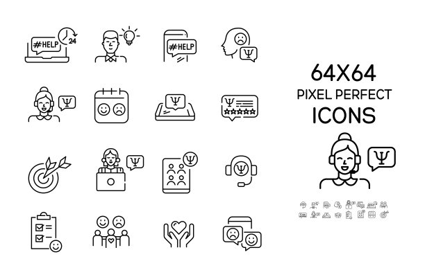 心理健康和心理治疗服务。64x64像素完美，可编辑的笔画线艺术图标图片下载