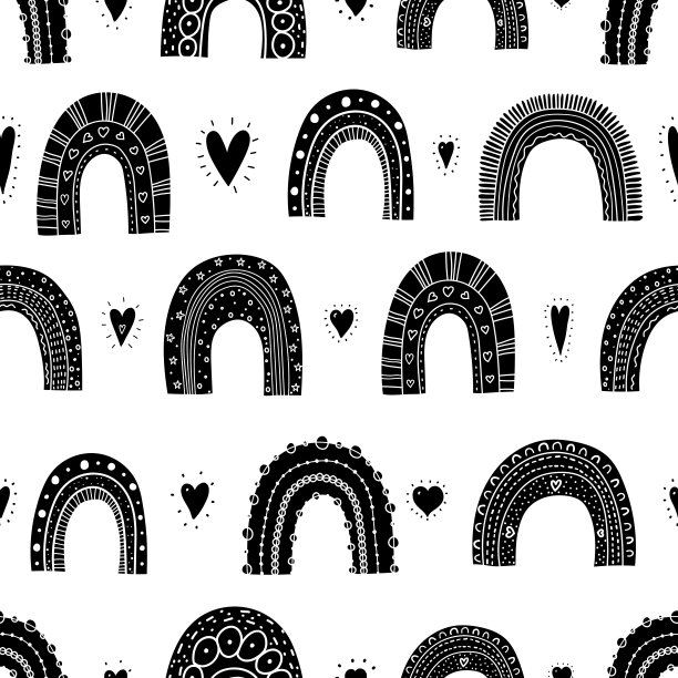黑色无缝图案与魔法彩虹和心。图片下载