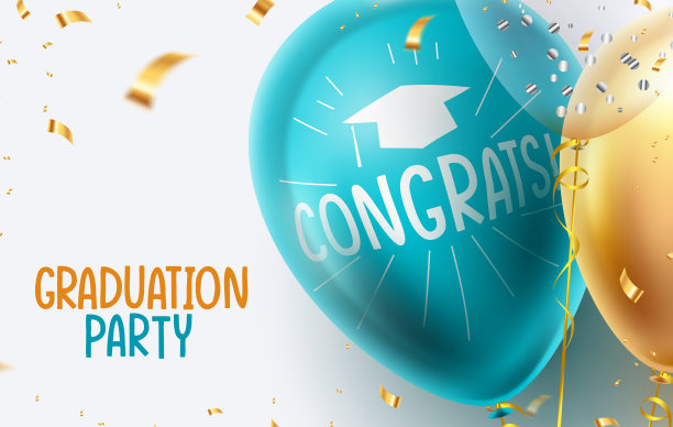 毕业派对矢量设计。祝贺文字在三维气球与黄金五彩纸屑庆祝元素为研究生事件和场合庆祝。图片下载