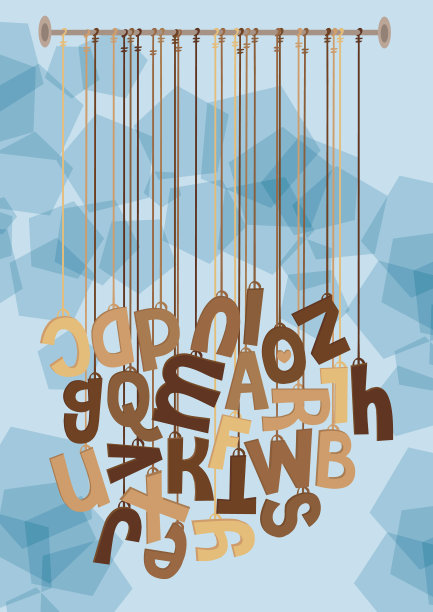 所有的英文字母都悬挂在抽象的五角形蓝色背景上。图片下载