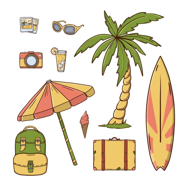 棕榈树，手提箱，鸡尾酒，雨伞，眼镜。夏季旅行工具包矢量隔离对象设置图片下载