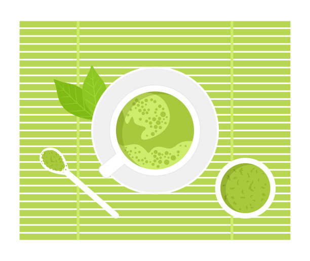 日本绿茶抹茶杯，装饰叶，粉末在碟子，勺子和绿色竹席在白色的背景。俯视图图片下载