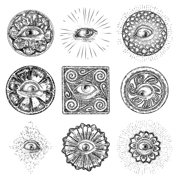 一套不同方向和情绪的全视眼的各种图画。mason的符号作为一个选项设计元素。人类的视觉。向量。图片下载