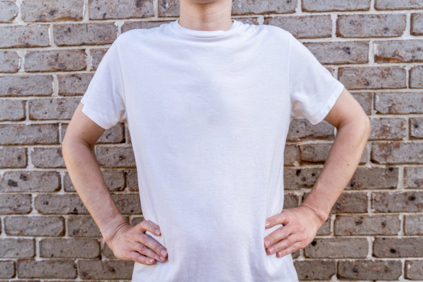 在砖墙背景上穿着白色t恤模型的男子。模板复制空间图片下载