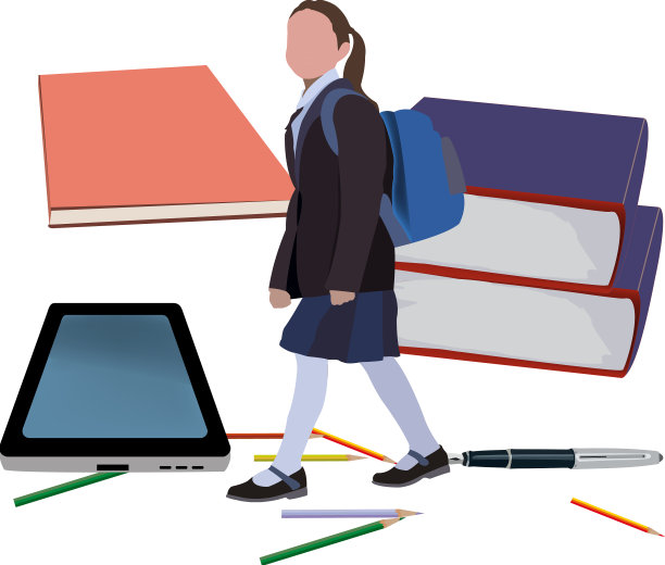 班比娃背着书包，书，铅笔和钢笔图片下载