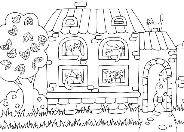 手绘彩色页面的房子和猫图片下载