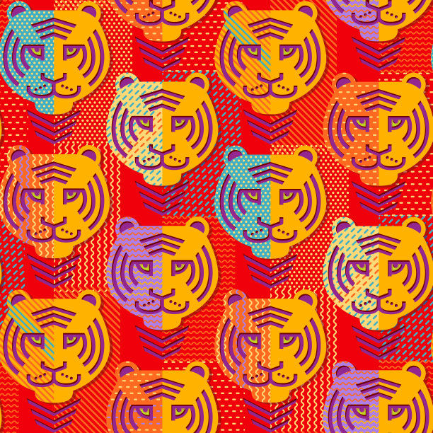 老虎脸在红色背景纸上拼接无缝图案，背景插图图片下载