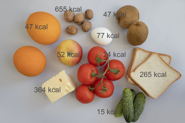 具有卡路里指示的各种食物、蔬菜和水果图片下载