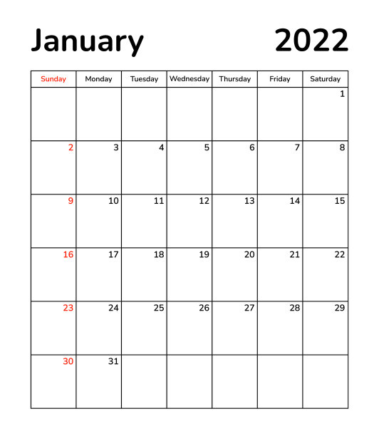 计划月页2022年1月月日历图片下载