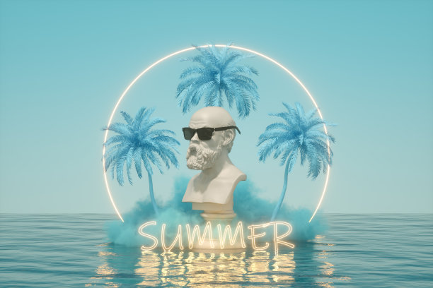 半身像雕塑云在海上夏季度假旅游的背景与霓虹灯图片下载