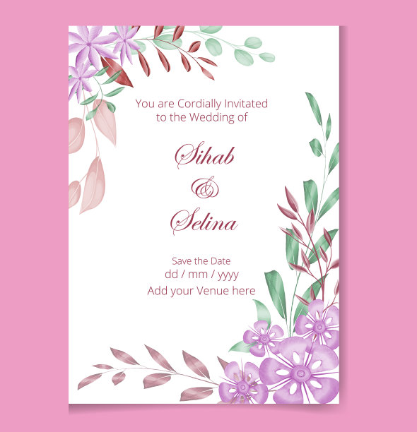 水彩花卉婚礼邀请模板图片下载