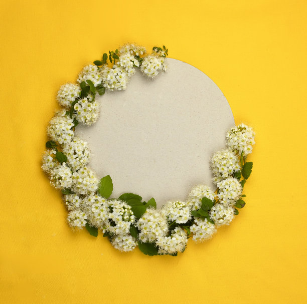 一张圆形的白纸，底色为亮黄色，白纸周围有白花，还有复印的空间。图片下载