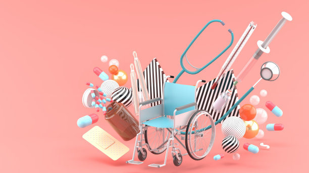 轮椅周围是注射器、体温计、胶囊、听诊器和创可贴，周围是粉红色背景上的彩色球。3 d渲染。“n图片下载