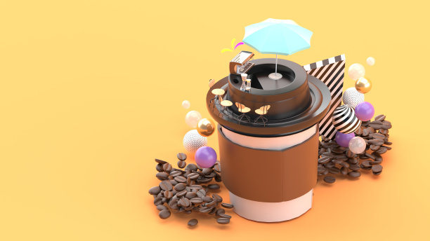 咖啡吧上的咖啡杯四周环绕着咖啡豆和橘色背景的彩色小球。3 d渲染。图片下载