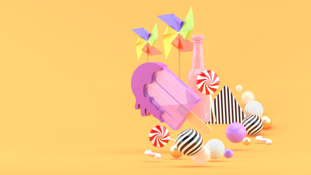 冰淇淋棒、糖果、饮料瓶和纸涡轮机被橙色背景的彩色球包围着。3 d渲染。“n图片下载