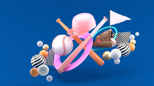 棒球，棒球棒，棒球帽和棒球手套，蓝色的背景上，五颜六色的球围绕着。3 d渲染。“n图片下载