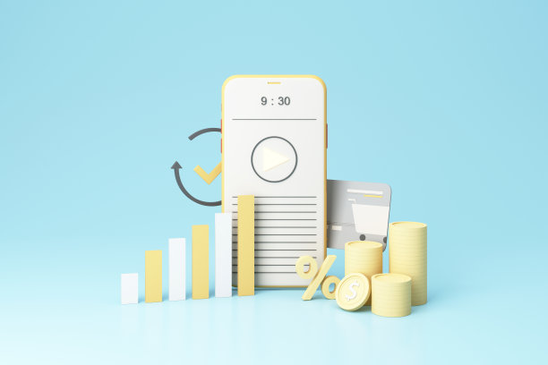 视频内容营销卡通的设计理念，为赚钱视频与金币，图表条，信用卡，在蓝色的背景。逼真的3 d渲染图片下载