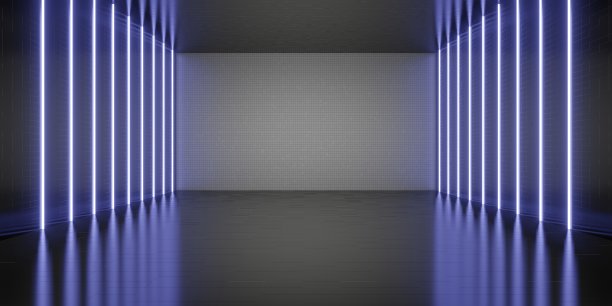 六边形激光照明房间背景霓虹灯技术风格的地板和墙壁3D插图图片下载