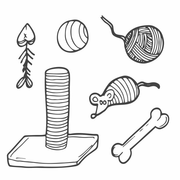 手绘套狗及宠物配件元素:骨头、鱼骨架、针织球、玩具球。为犬类设计主题:训练、关怀、梳理图片下载