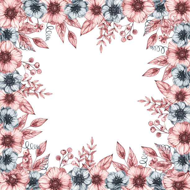 水彩框架花环的花朵，海葵，浆果和叶子图片下载