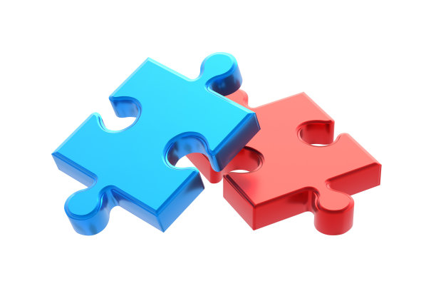 一对金属化的拼图碎片在白色背景上分离。三维渲染图片下载