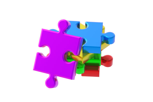 一堆金属化的拼图碎片在白色背景上分离。三维渲染图片下载