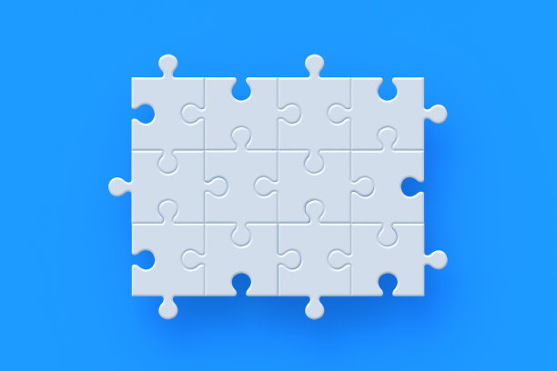 蓝色背景上的空白拼图。三维渲染图片下载