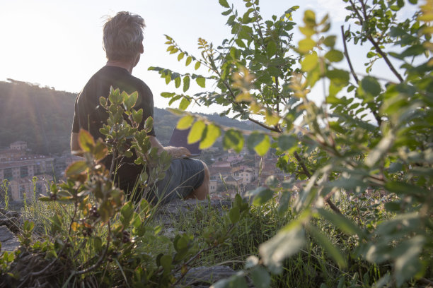 日出时分，站在草地上的人在使用笔记本电脑图片下载