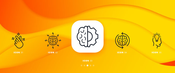 脑设置图标。手，灯，头，反思，想法，实现，动机。创造性思考的概念。信息图表时间表与图标和5个步骤。矢量线图标的业务和广告图片下载