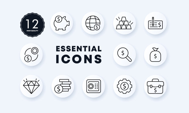 钱设置图标。储蓄罐、美元、黄金、交换器、保险箱、银行、公文包、钻石、钱袋、工资等。购物的概念。新生变形样式。矢量线图标的业务和广告图片下载