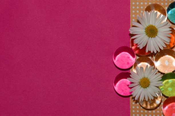 复古的簇绒壁纸与3d玻璃珠和雏菊花和紫罗兰部分作为拷贝空间图片下载