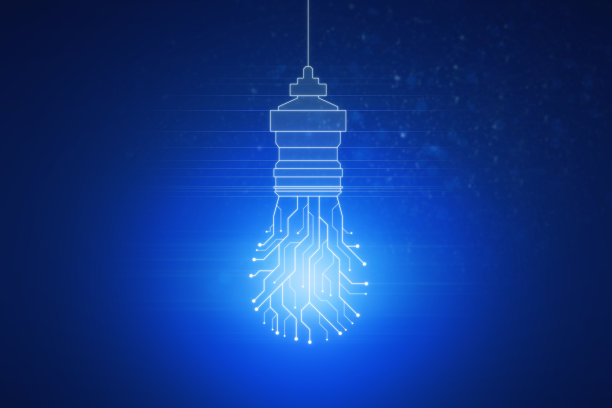 蓝色背景上的发光电路灯。未来、创新和解决方案的概念。3 d渲染。图片下载