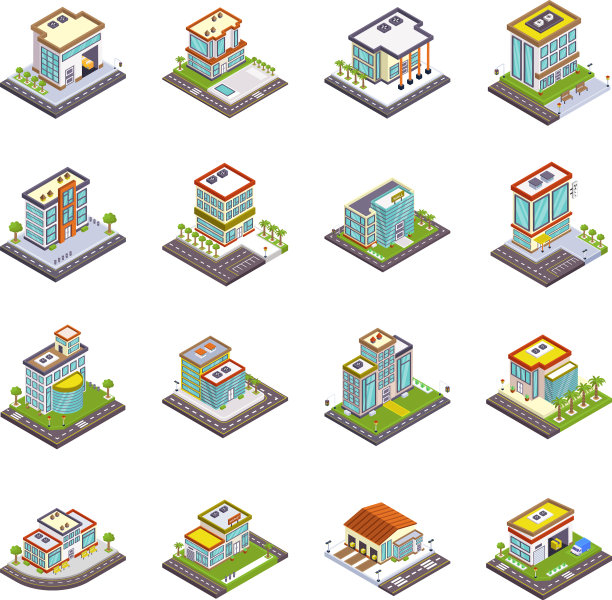 商业建筑等距图标包图片下载