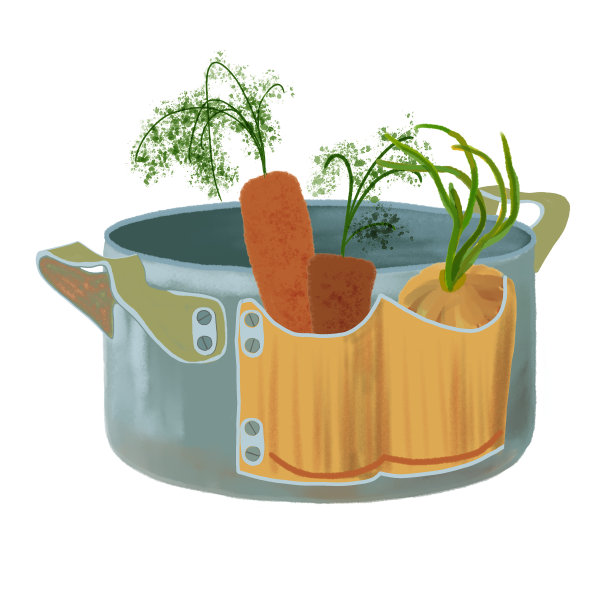 平底锅，胡萝卜，洋葱。光栅高分辨率图像从无缝模式厨房口袋。也为现场插图。白色背景。图片下载