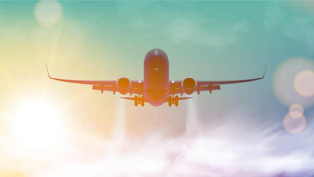 起飞的飞机在多云的天空日落图片下载