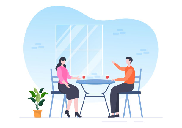 人们吃，说话，喝酒和工作在桌子上的咖啡馆或餐馆的平面卡通插图图片下载