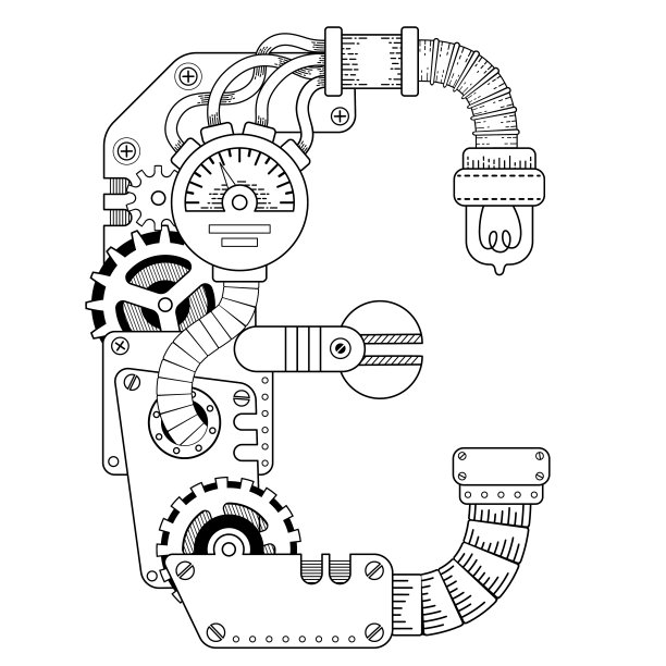 矢量成人着色书。蒸汽朋克西里尔字母。机械字母表制成的金属齿轮和白色背景上的各种细节图片下载